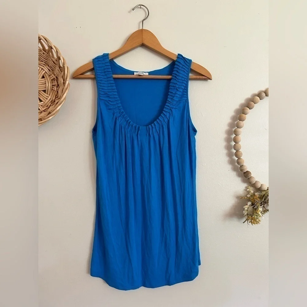 VTG Y2k CACHÉ micro S Smocked neck Tank Top‎ Blouse Blue Babydoll Gilmore girl